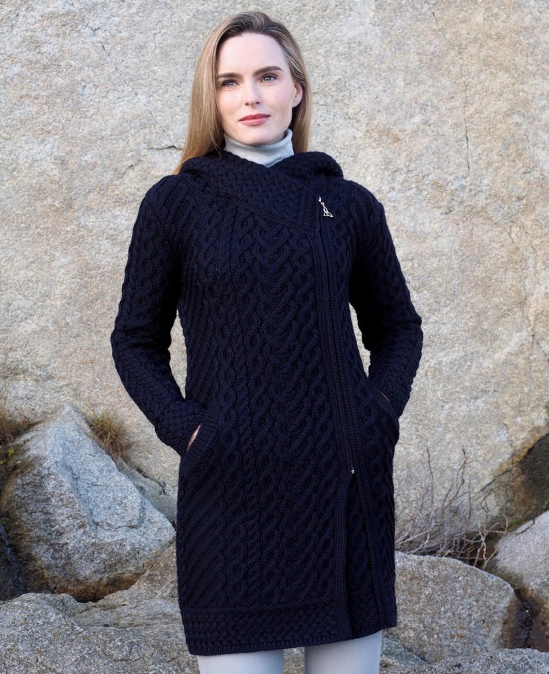 Hand Loomed Navy Side Zip Long Hooded Sweater - Irish Centre