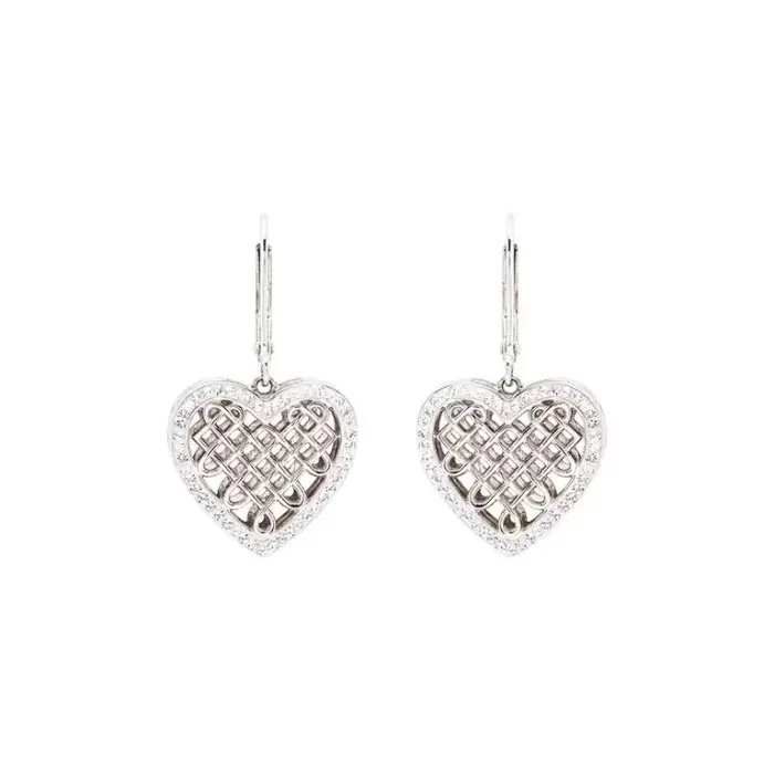 Sterling Silver Celtic Heart Earrings with White Crystals